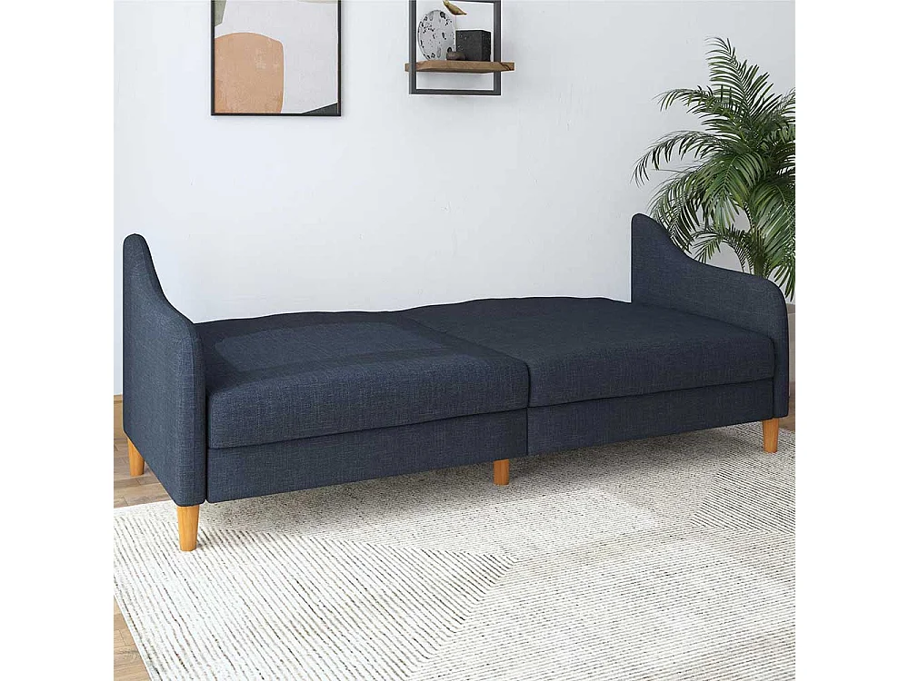 Sofa zum Ausklappen in Dunkelblau Stoff Fußgestell aus Holz