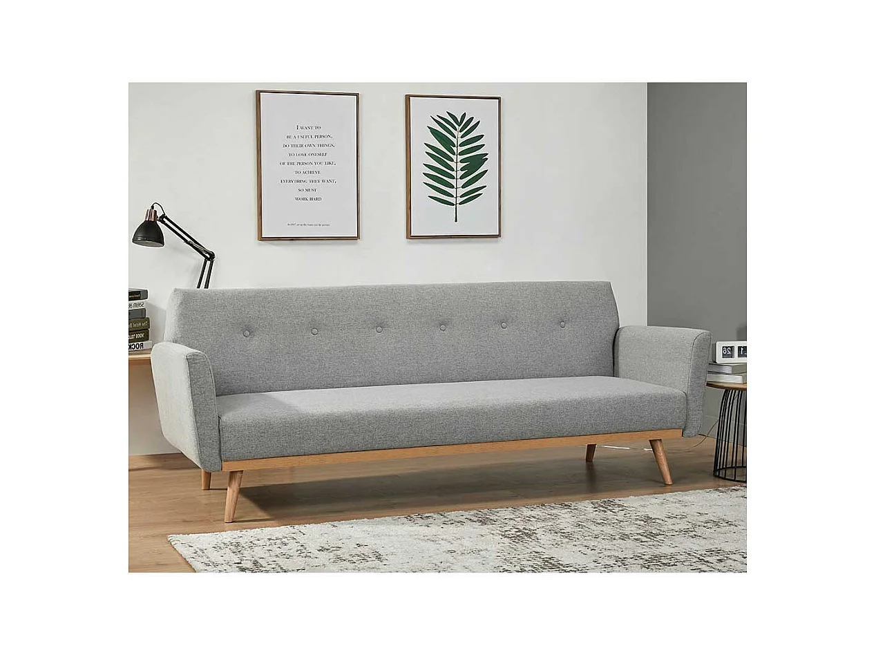 Funktions Sofa in Hellgrau und Holz Naturfarben Rücken Klappmechanik