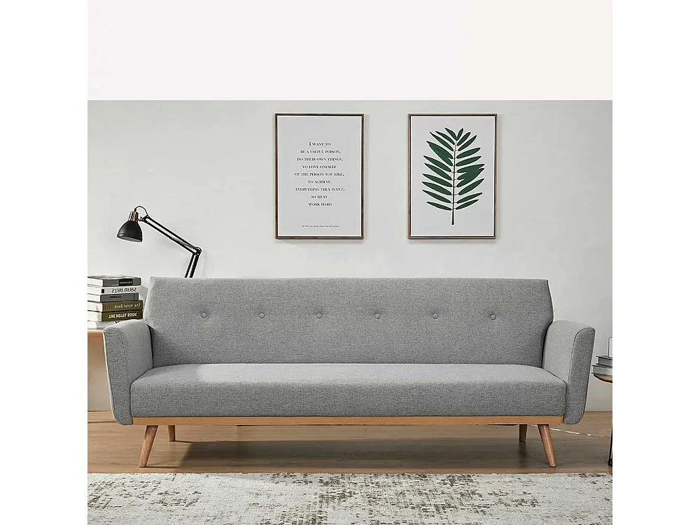 Funktions Sofa in Hellgrau und Holz Naturfarben Rücken Klappmechanik