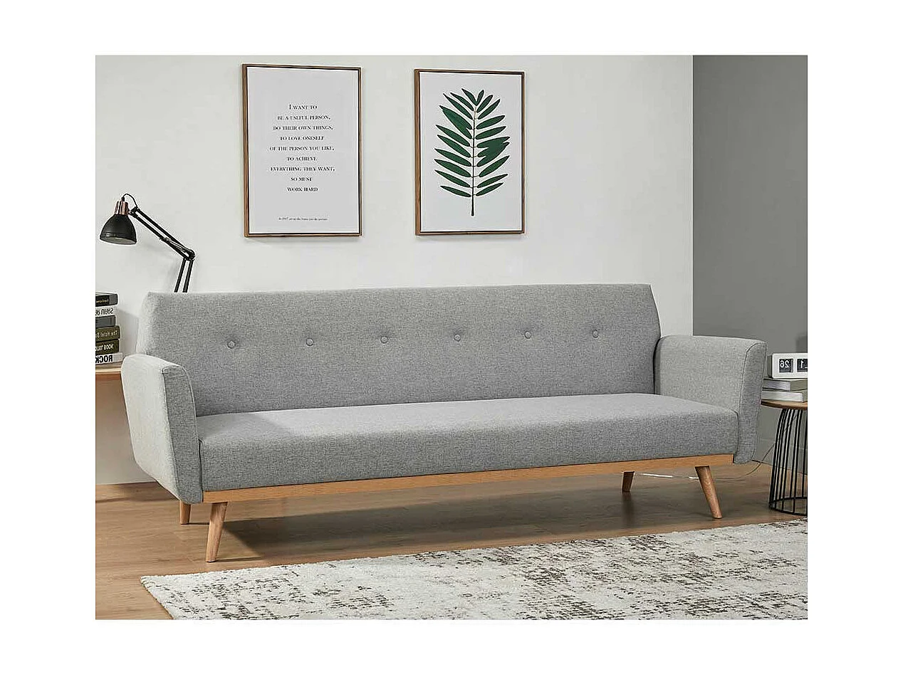 Funktions Sofa in Hellgrau und Holz Naturfarben Rücken Klappmechanik