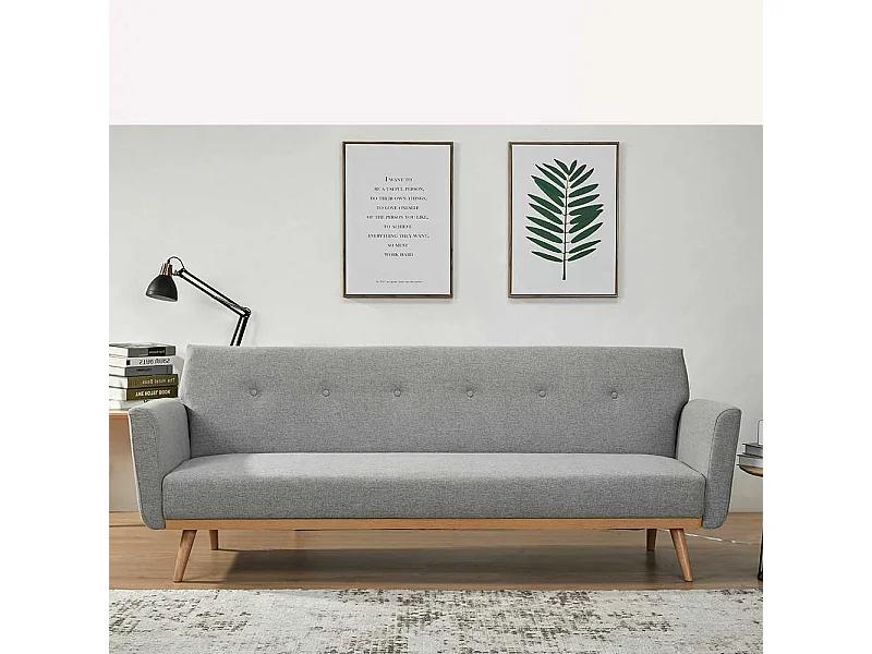 Funktions Sofa in Hellgrau und Holz Naturfarben Rücken Klappmechanik