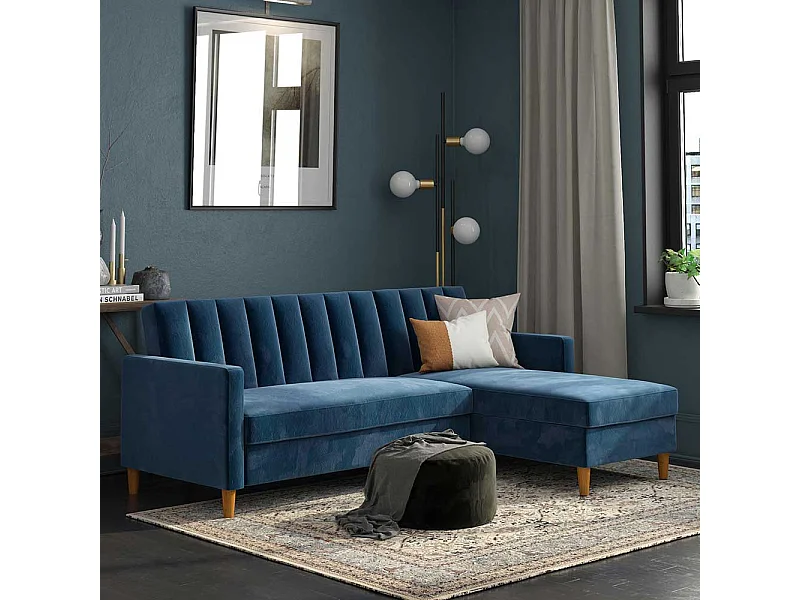 Ecksofa Samt Bezug blau mit Schlaffunktion Bettkasten