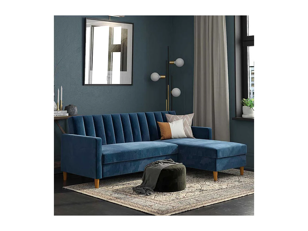 Ecksofa Samt Bezug blau mit Schlaffunktion Bettkasten