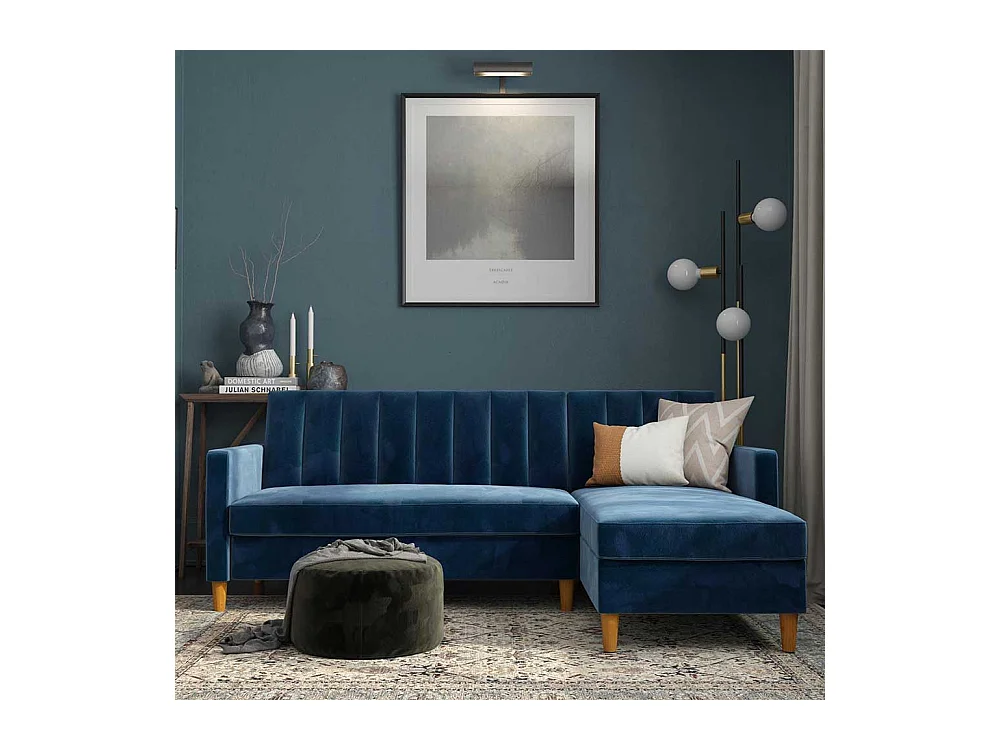 Ecksofa Samt Bezug blau mit Schlaffunktion Bettkasten