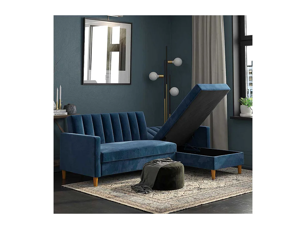 Ecksofa Samt Bezug blau mit Schlaffunktion Bettkasten