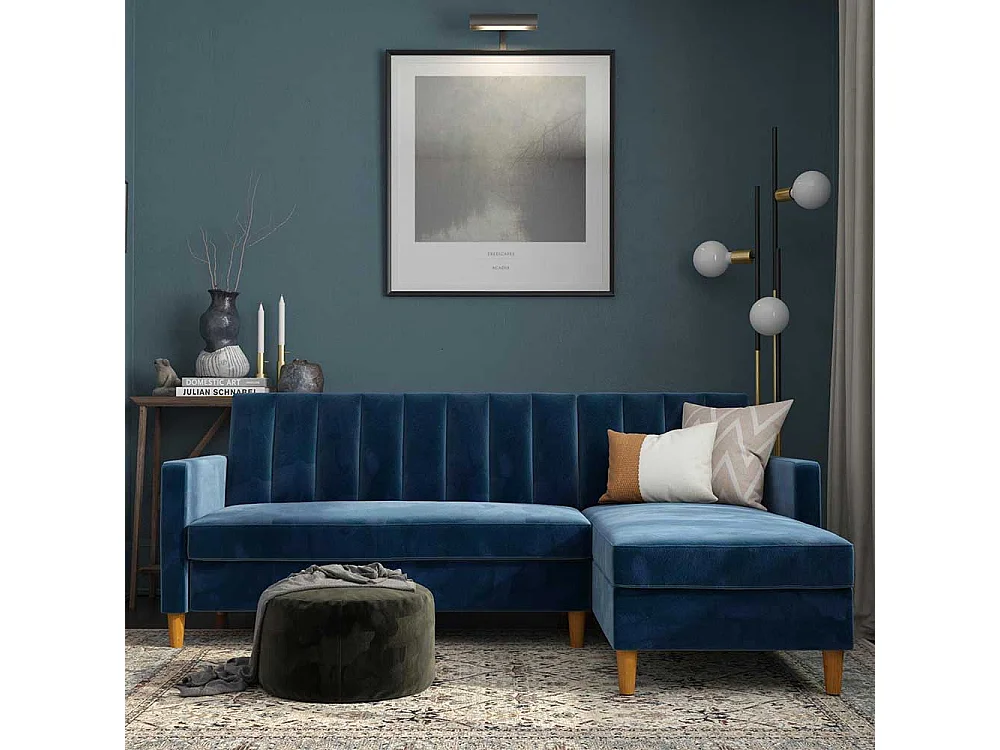 Ecksofa Samt Bezug blau mit Schlaffunktion Bettkasten