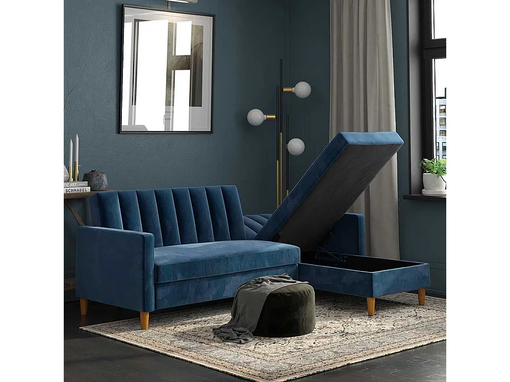 Ecksofa Samt Bezug blau mit Schlaffunktion Bettkasten