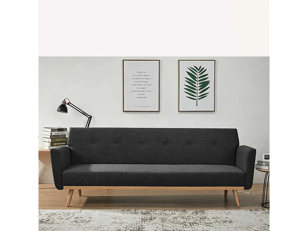 Funktions Klappsofa in Schwarz und Holz Naturfarben Skandi Design