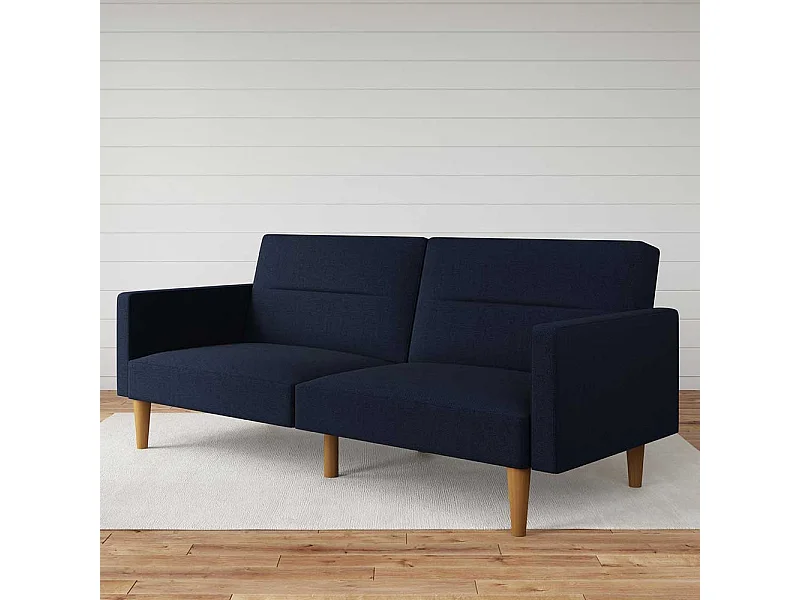 Ausklappbares Sofa Retrostil in Dunkelblau Fußgestell aus Holz