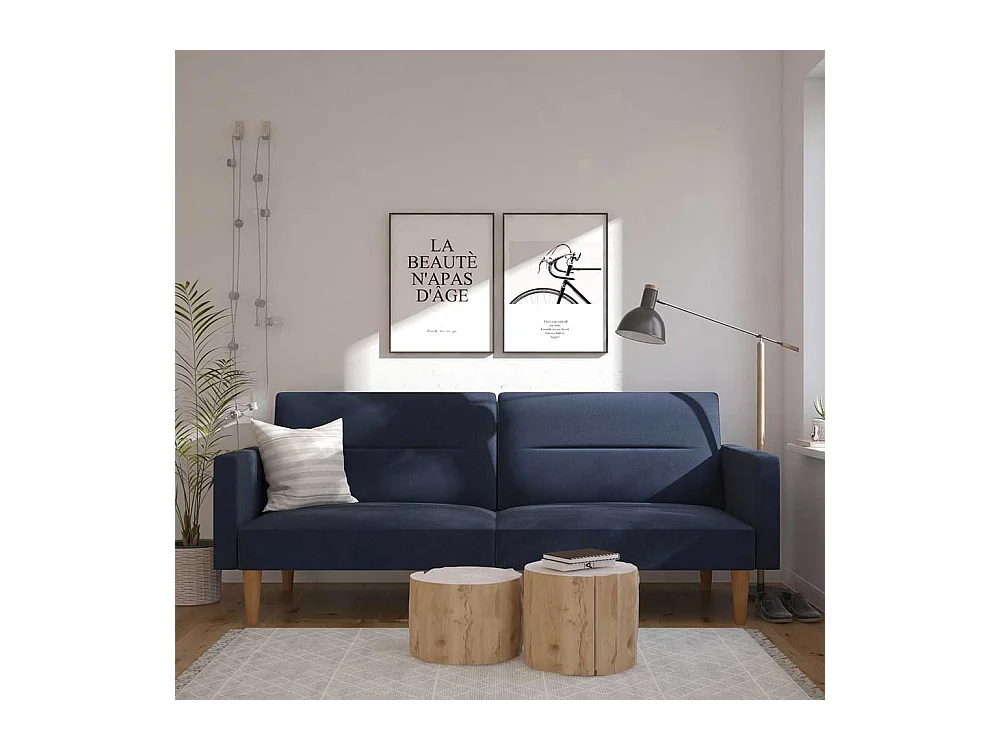 Ausklappbares Sofa Retrostil in Dunkelblau Fußgestell aus Holz
