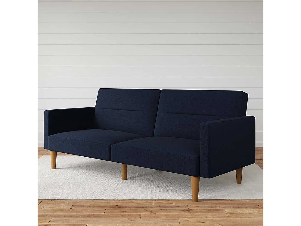 Ausklappbares Sofa Retrostil in Dunkelblau Fußgestell aus Holz