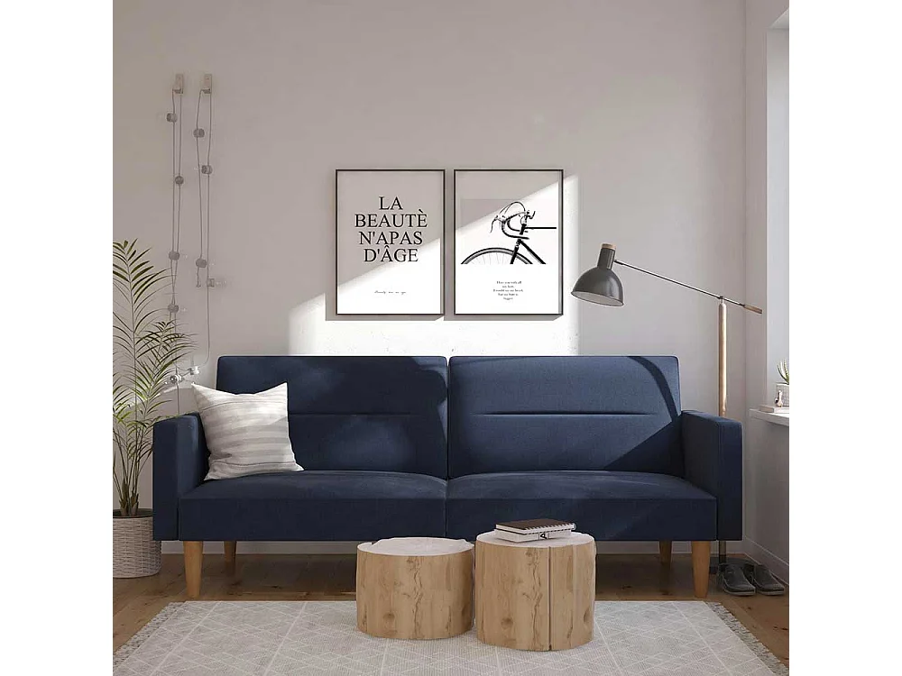 Ausklappbares Sofa Retrostil in Dunkelblau Fußgestell aus Holz