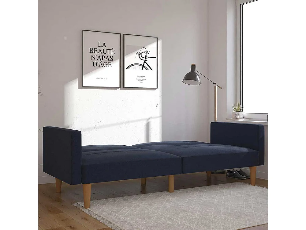 Ausklappbares Sofa Retrostil in Dunkelblau Fußgestell aus Holz