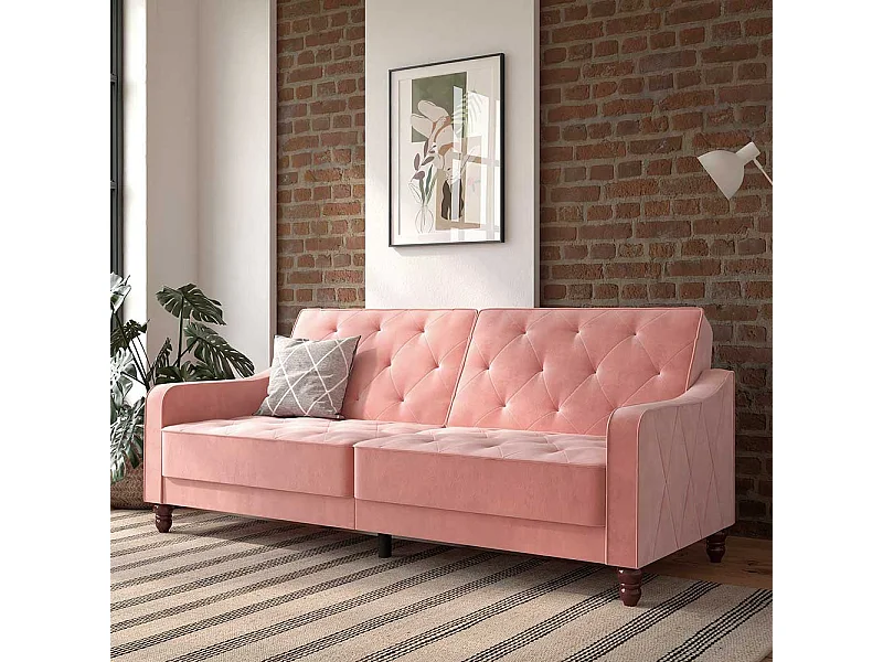 Zweisitzer Schlafsofa rosa aus Samt Rücken Klappmechanik
