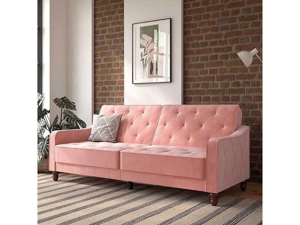 Zweisitzer Schlafsofa rosa aus Samt Rücken Klappmechanik