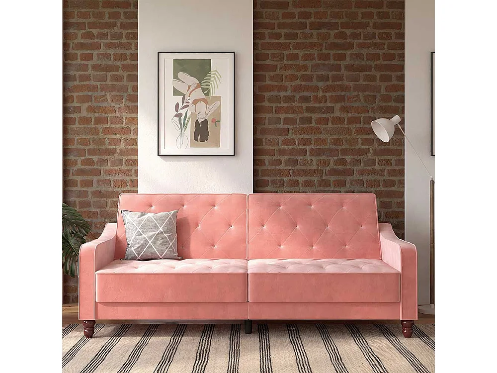 Zweisitzer Schlafsofa rosa aus Samt Rücken Klappmechanik