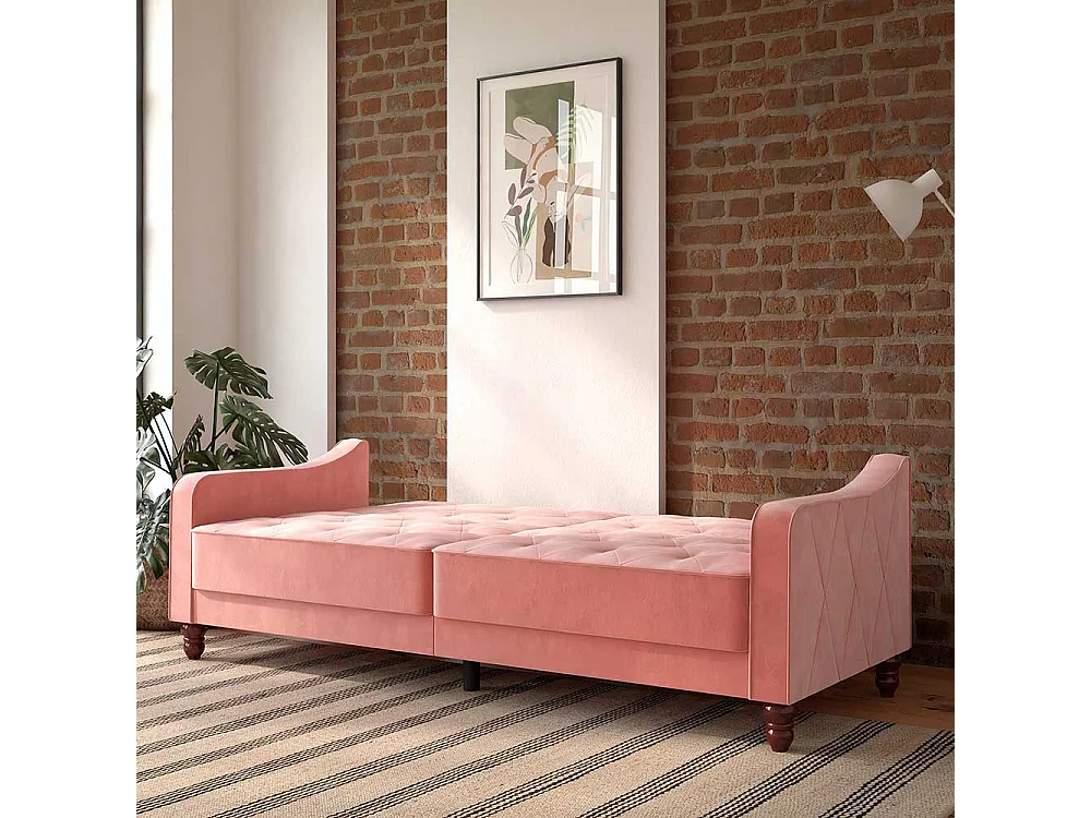 Zweisitzer Schlafsofa rosa aus Samt Rücken Klappmechanik