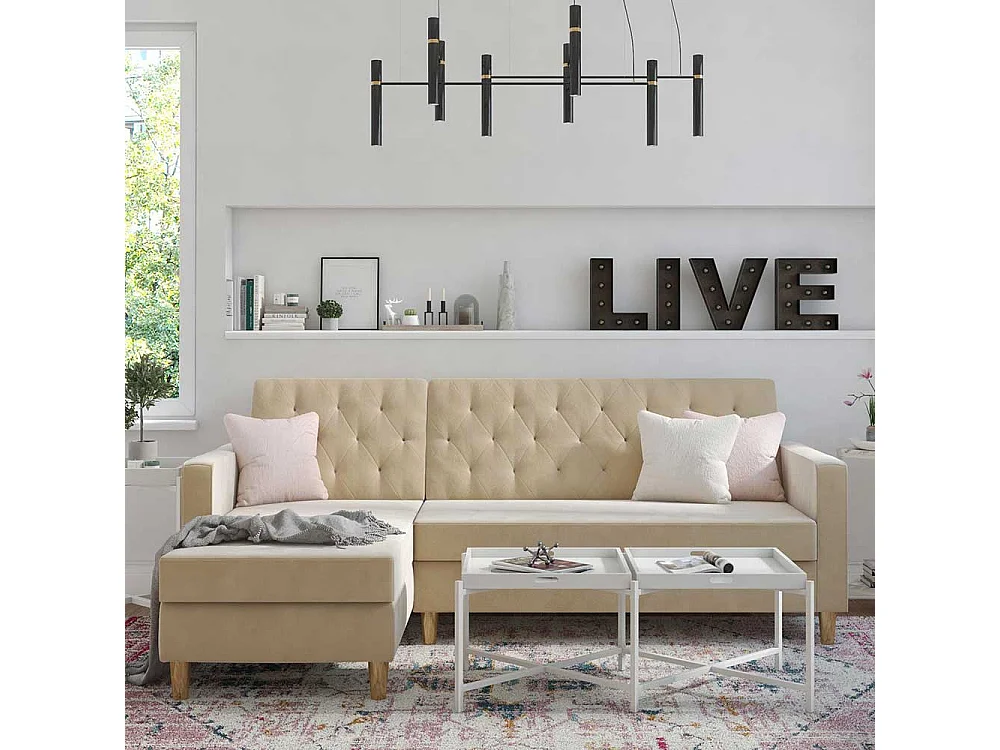 Ecksofa Samt Cremefarben mit Rücken Klappmechanik 213 cm breit