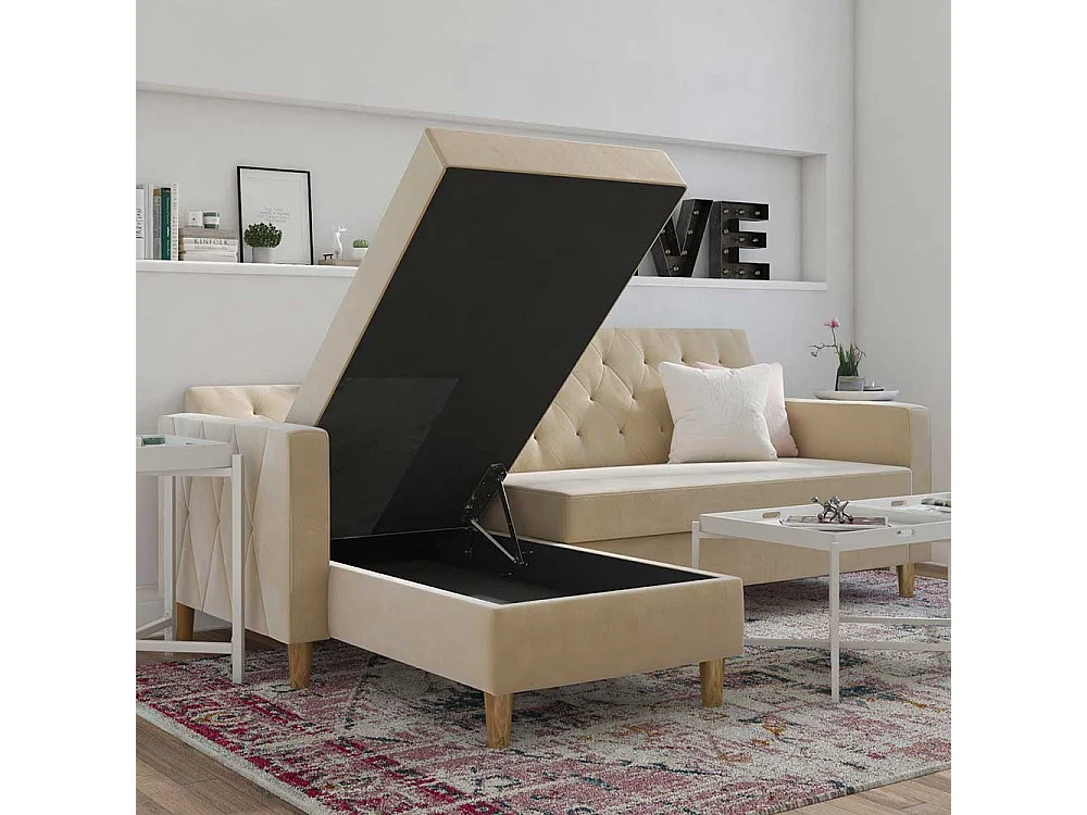 Ecksofa Samt Cremefarben mit Rücken Klappmechanik 213 cm breit