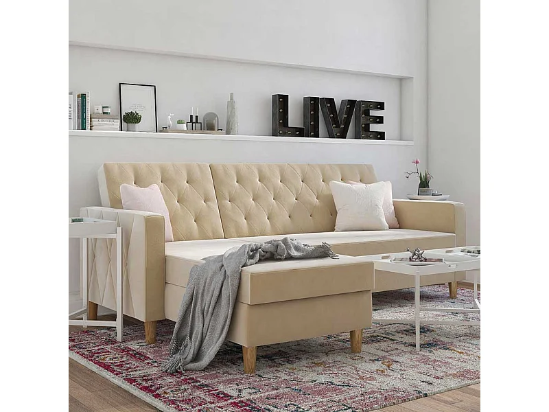 Ecksofa Samt Cremefarben mit Rücken Klappmechanik 213 cm breit