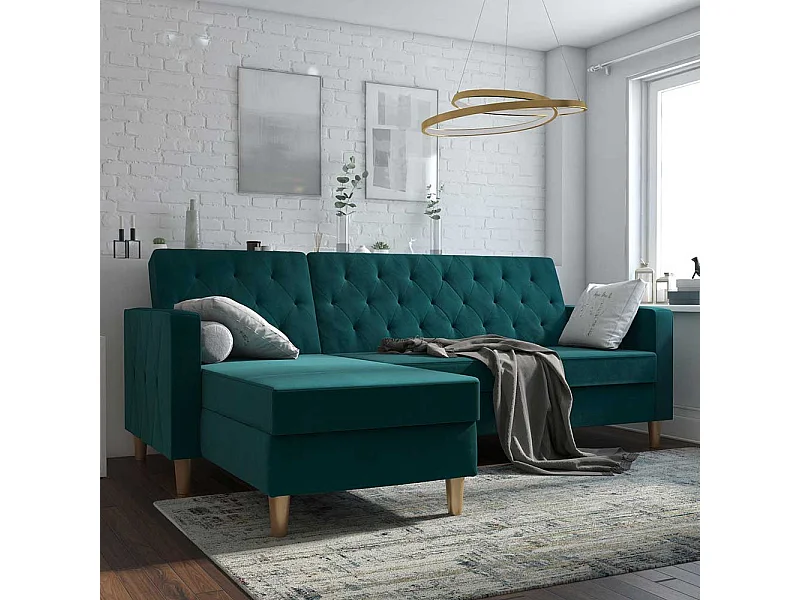 Bettsofa Ecke Petrol aus Samt Rücken Klappmechanik