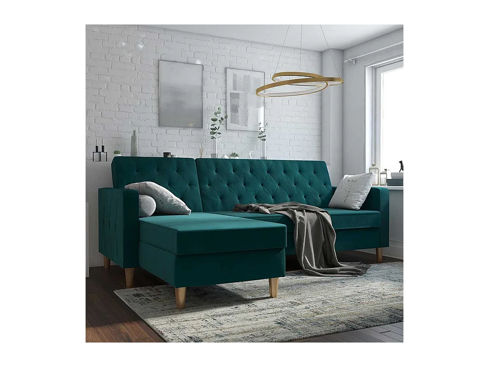 Bettsofa Ecke Petrol aus Samt Rücken Klappmechanik