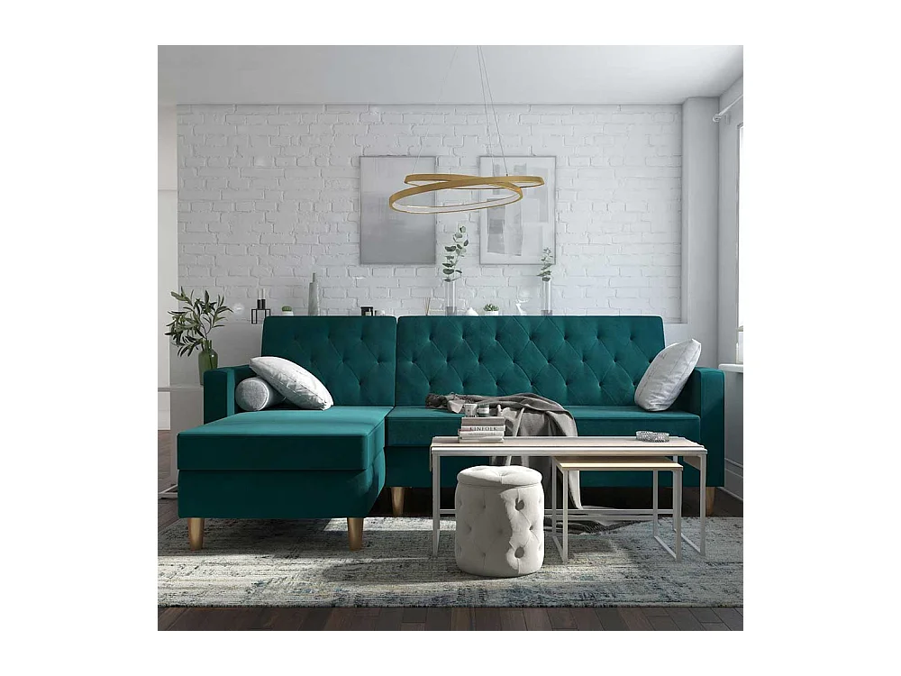 Bettsofa Ecke Petrol aus Samt Rücken Klappmechanik