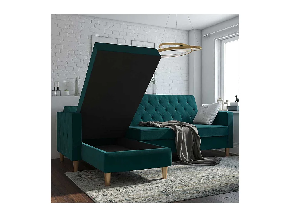 Bettsofa Ecke Petrol aus Samt Rücken Klappmechanik