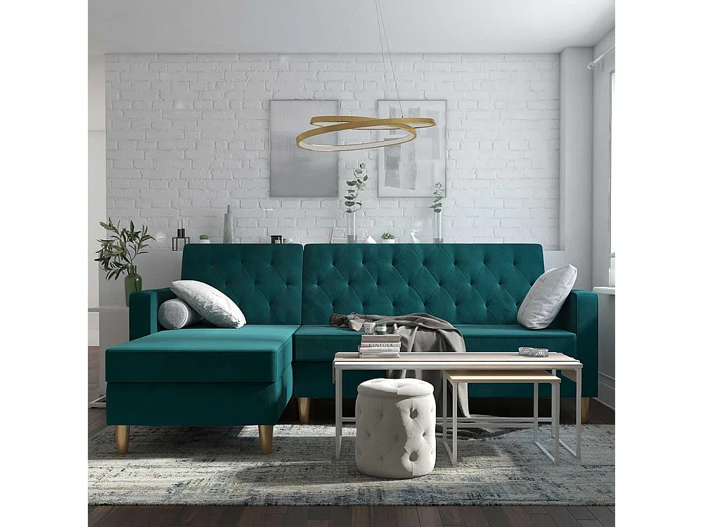 Bettsofa Ecke Petrol aus Samt Rücken Klappmechanik