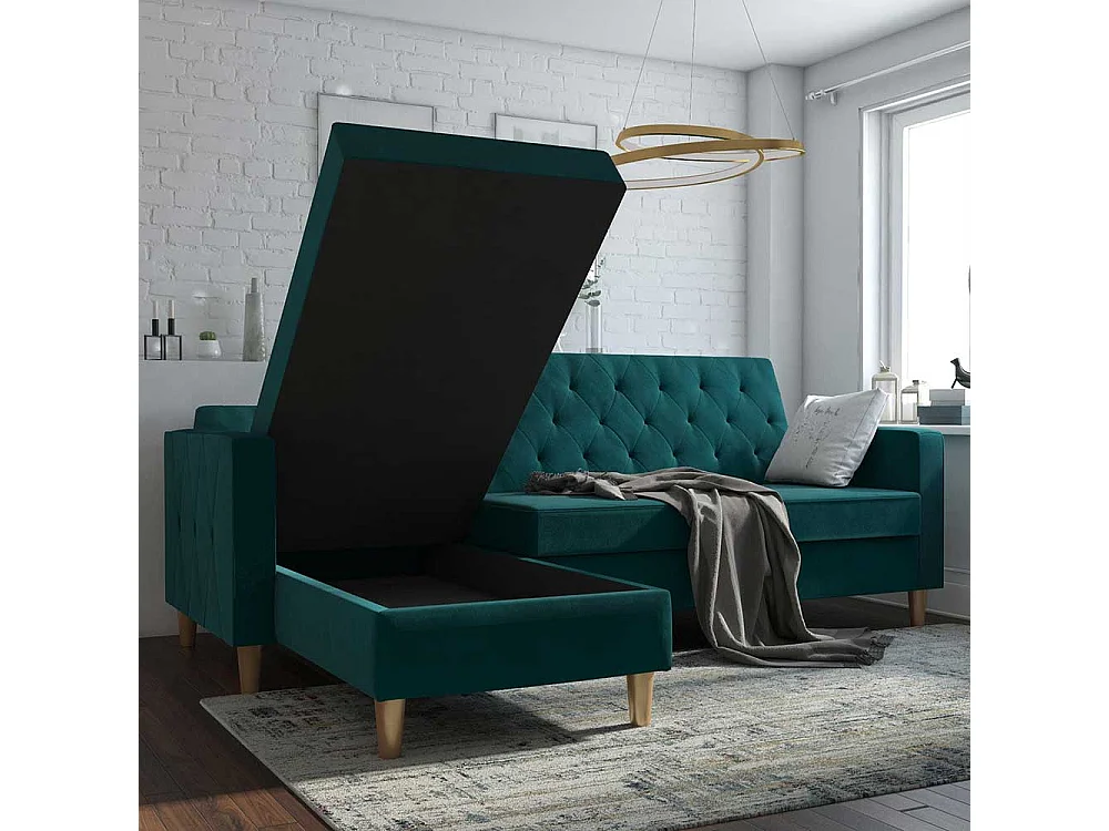 Bettsofa Ecke Petrol aus Samt Rücken Klappmechanik