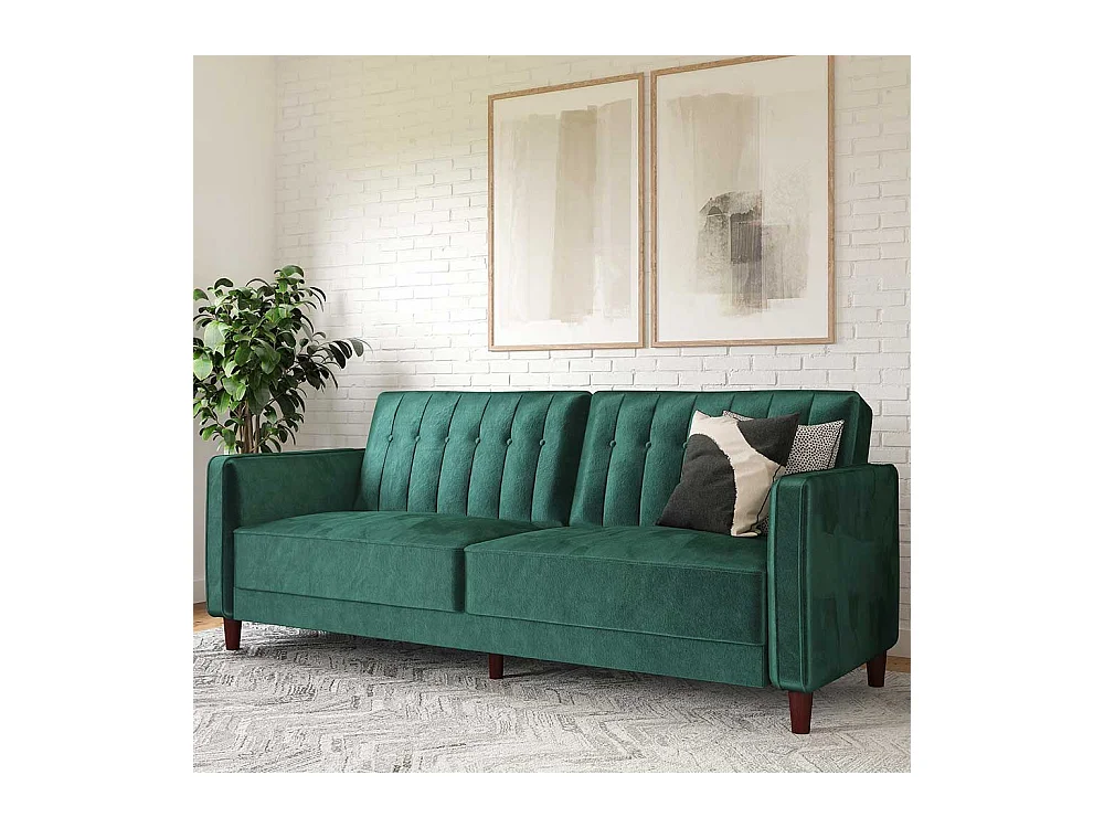 Gr�ne Samt Schlafcouch mit R�cken Klappmechanik 207 cm breit