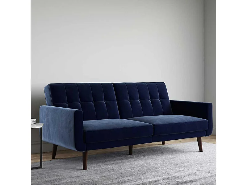 Ausklappbares Sofa Retro in Blau Samt Fußgestell aus Holz