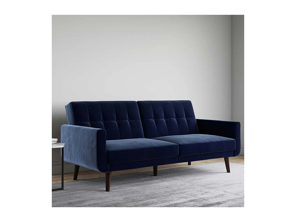 Ausklappbares Sofa Retro in Blau Samt Fußgestell aus Holz