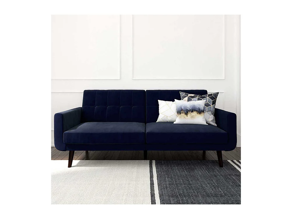 Ausklappbares Sofa Retro in Blau Samt Fußgestell aus Holz