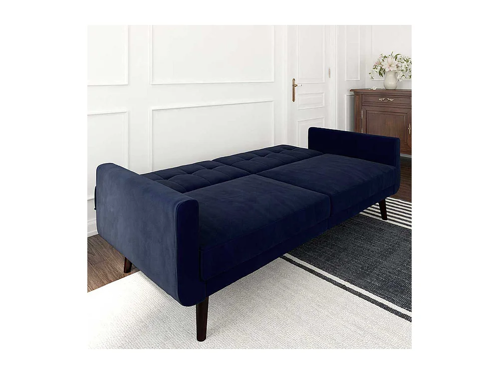 Ausklappbares Sofa Retro in Blau Samt Fußgestell aus Holz