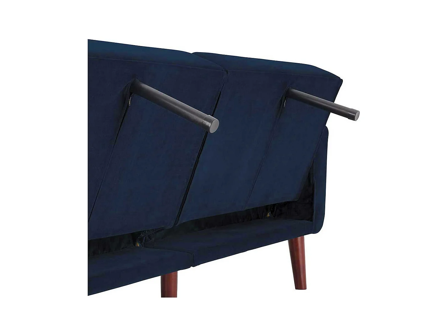 Ausklappbares Sofa Retro in Blau Samt Fußgestell aus Holz