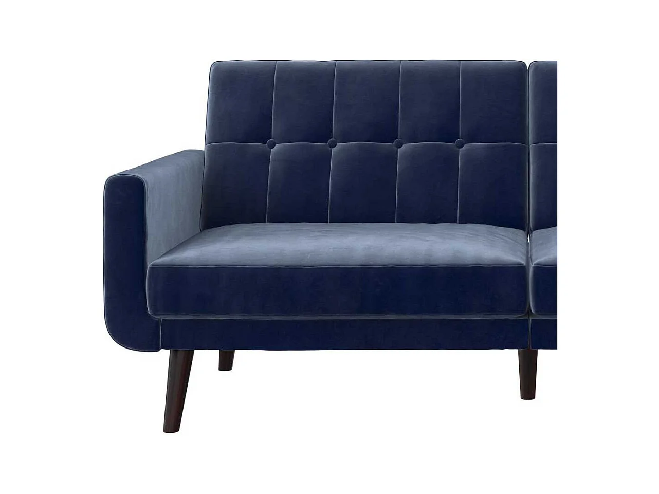 Ausklappbares Sofa Retro in Blau Samt Fußgestell aus Holz