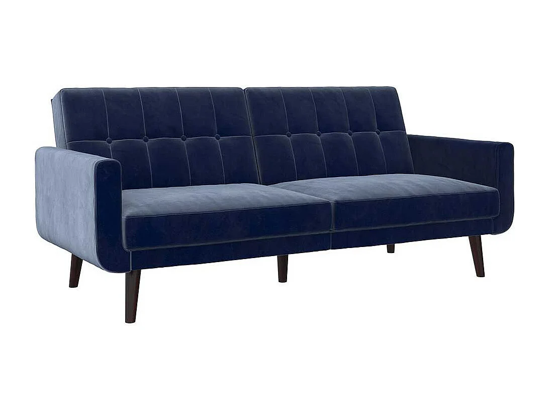 Ausklappbares Sofa Retro in Blau Samt Fußgestell aus Holz