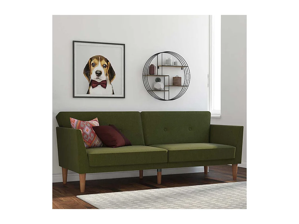 Funktions Sofa Olivgr�n im Retrostil Vierfu�gestell aus Holz