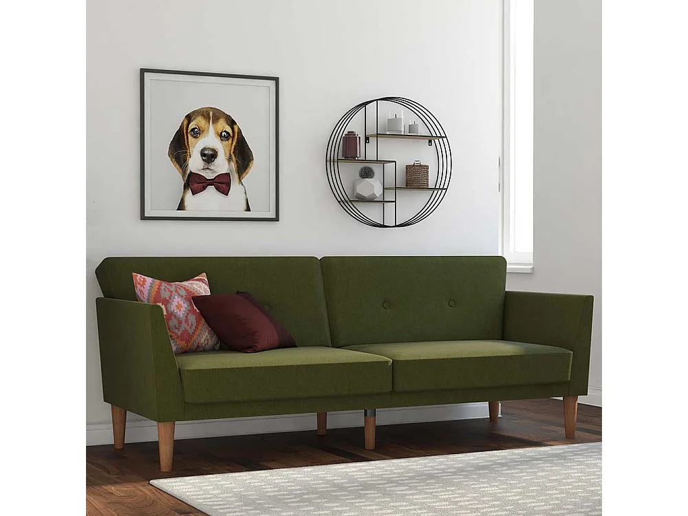 Funktions Sofa Olivgrün im Retrostil Vierfußgestell aus Holz