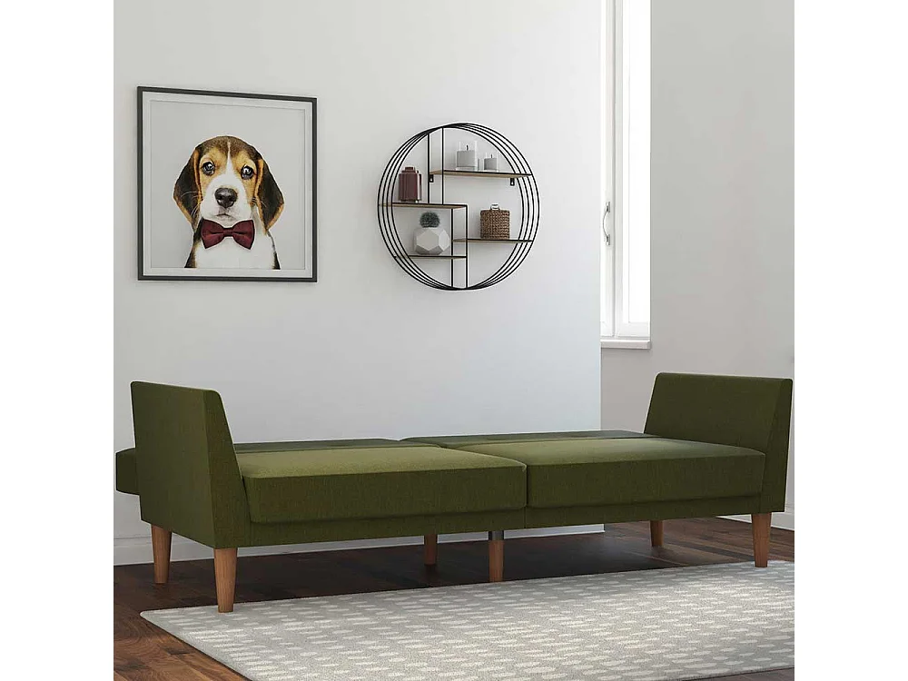 Funktions Sofa Olivgrün im Retrostil Vierfußgestell aus Holz