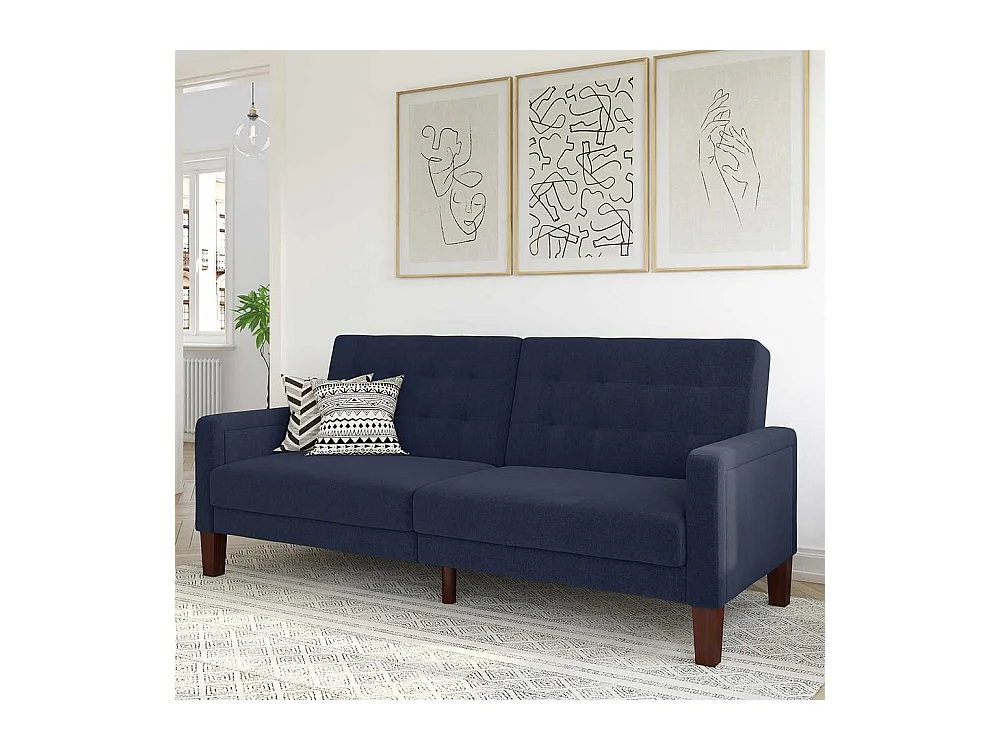 Zweisitzer Schlafsofa dunkelblau im Retrostil Rücken Klappmechanik