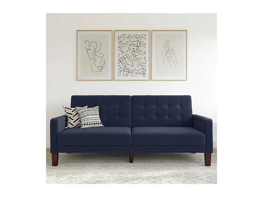 Zweisitzer Schlafsofa dunkelblau im Retrostil Rücken Klappmechanik