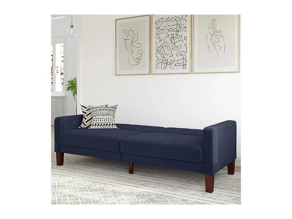 Zweisitzer Schlafsofa dunkelblau im Retrostil Rücken Klappmechanik