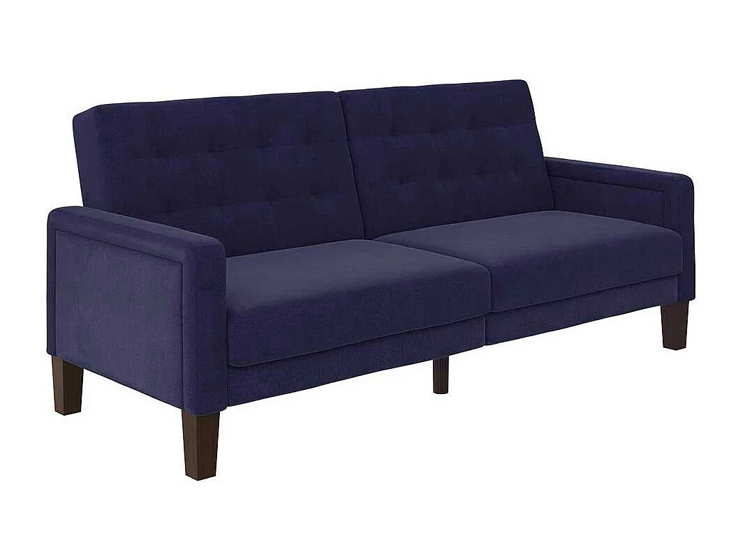 Zweisitzer Schlafsofa dunkelblau im Retrostil Rücken Klappmechanik