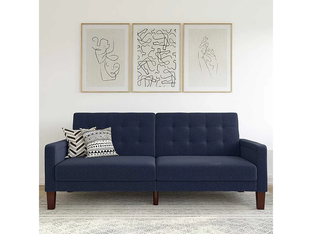 Zweisitzer Schlafsofa dunkelblau im Retrostil Rücken Klappmechanik