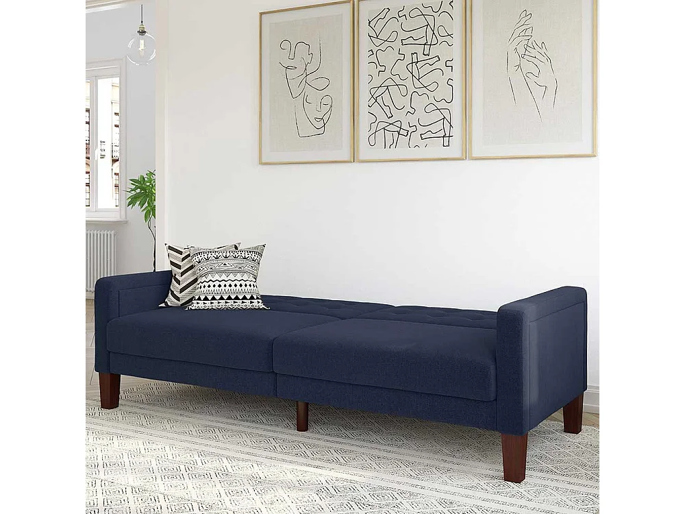 Zweisitzer Schlafsofa dunkelblau im Retrostil Rücken Klappmechanik