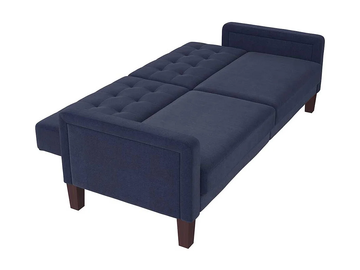 Zweisitzer Schlafsofa dunkelblau im Retrostil Rücken Klappmechanik