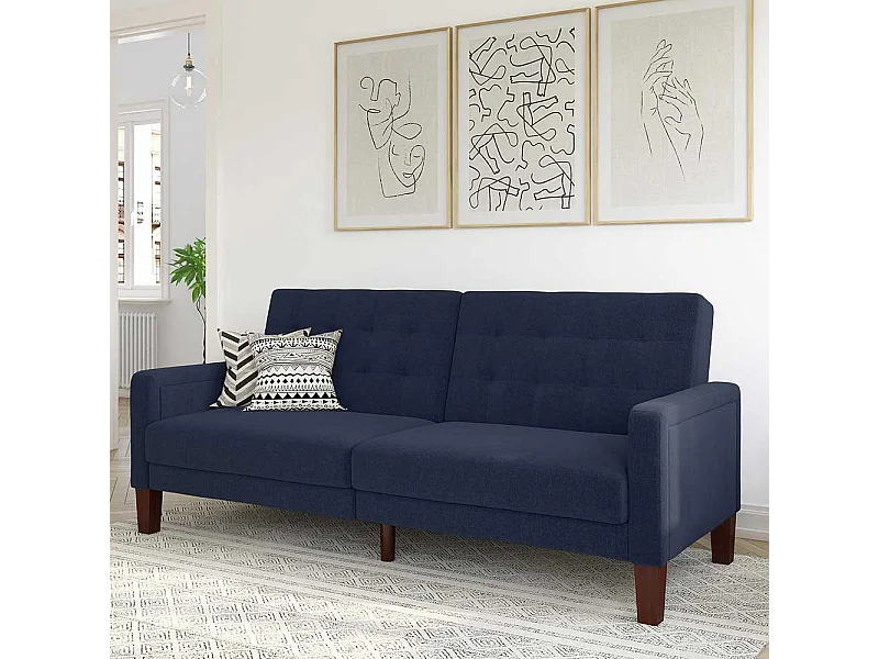 Zweisitzer Schlafsofa dunkelblau im Retrostil Rücken Klappmechanik