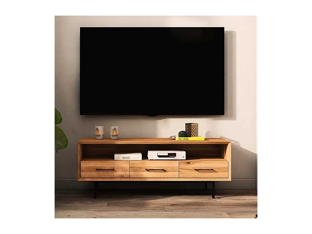 Phonomöbel Wildeiche aus Massivholz drei Schubladen und offenem Fach